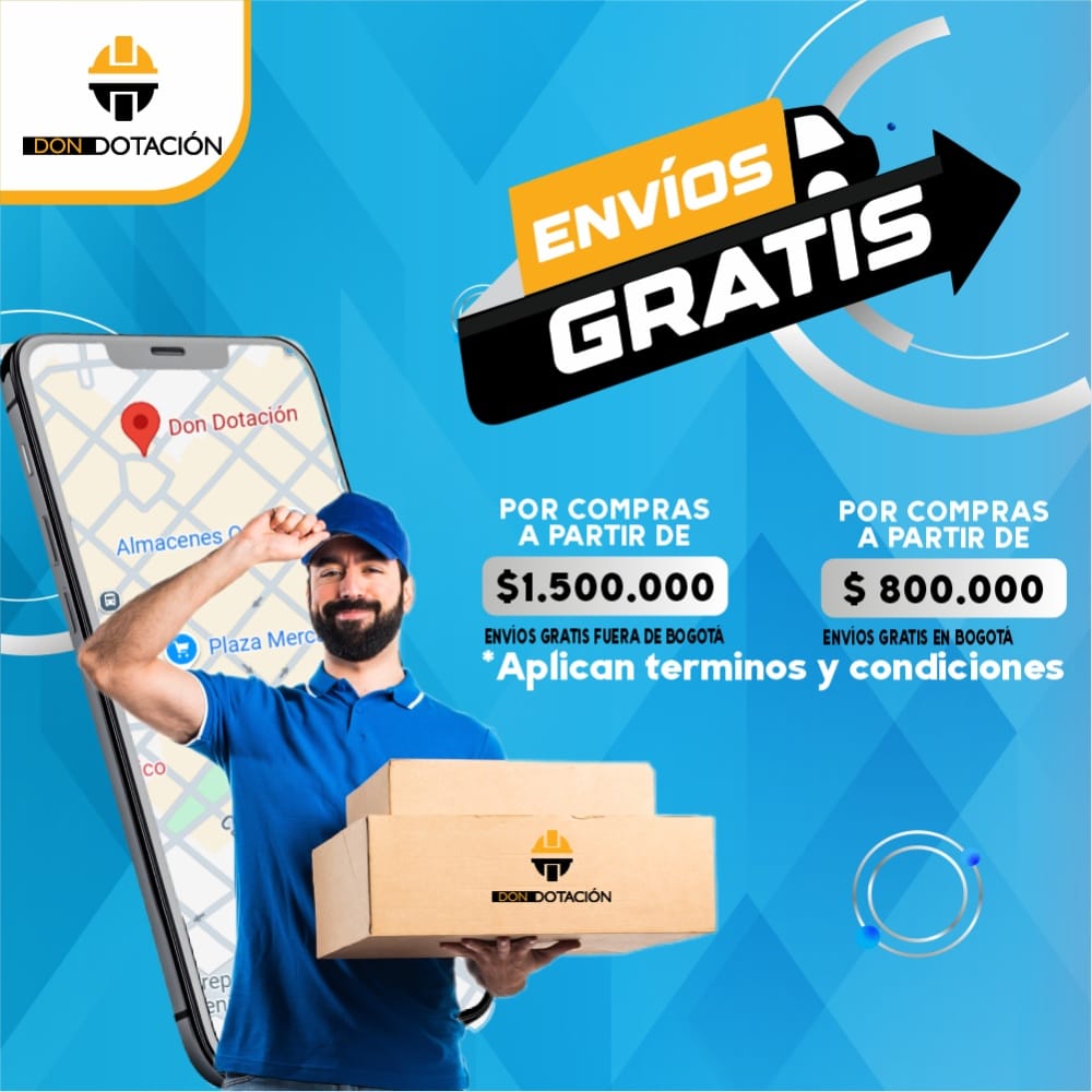 Envíos gratis para dotación y seguridad industrial, con icono de camión y productos EPP versión movil